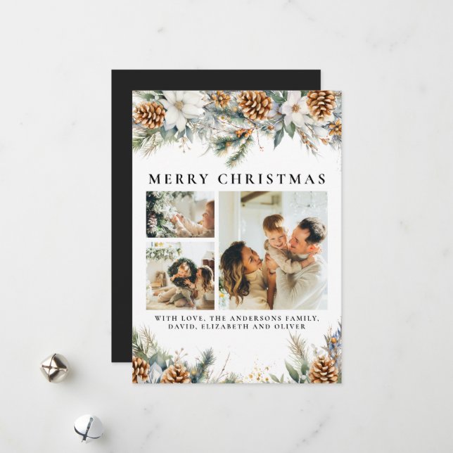 Elegant Pine Foliage | Botanical Black Christmas Holiday Card (Front/Back In Situ)