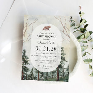 Elegant Pine Forest Bear Watercolor Baby Shower Invitation