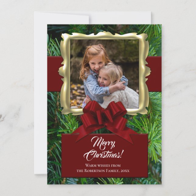 Elegant Pine Gold Frame Photo Christmas Holiday Card (Front)