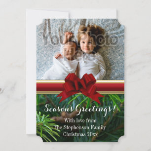 Elegant Pine Gold Red Bow Christmas Holiday Card