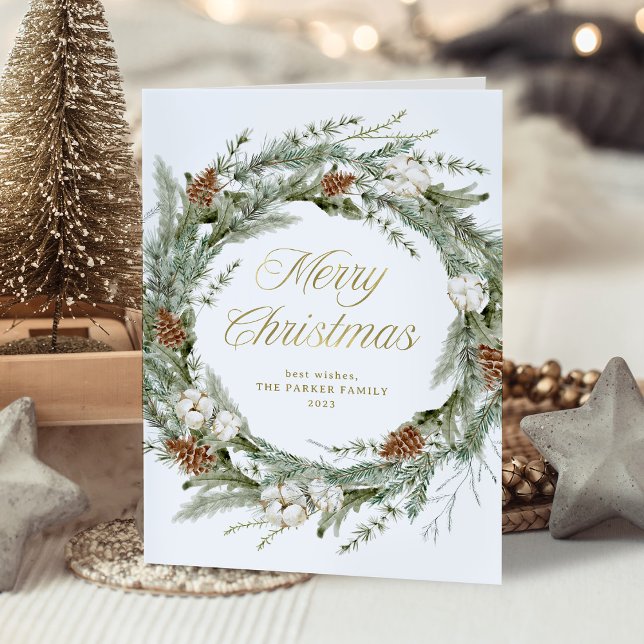 Elegant Pine Greenery | Gold Merry Christmas Holiday Card (An elegant holiday card with a traditional Christmas wreath and gold script)