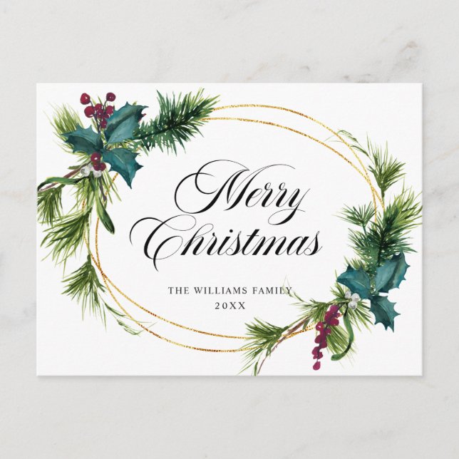 Elegant Pine Holly Berry Christmas Greeting Holiday Postcard (Front)