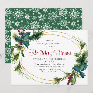 Elegant Pine Holly Berry Christmas Holiday Dinner Invitation