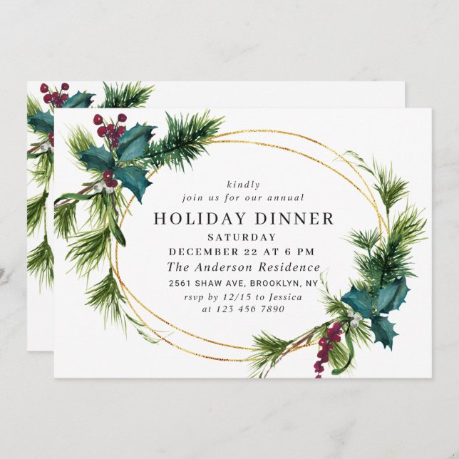 Elegant Pine Holly Berry CHRISTMAS HOLIDAY DINNER Invitation (Front/Back)