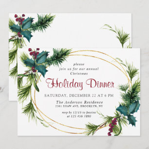 Elegant Pine Holly Berry Christmas Holiday Dinner Invitation