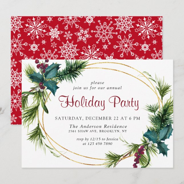 Elegant Pine Holly Berry Christmas Holiday Dinner Invitation (Front/Back)