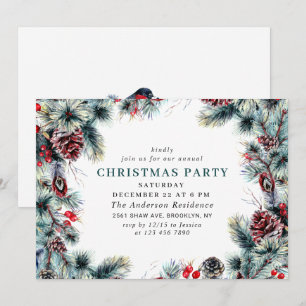 Elegant Pine Holly Berry Christmas Holiday Party Invitation