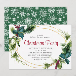 Elegant Pine Holly Berry Christmas Holiday Party Invitation