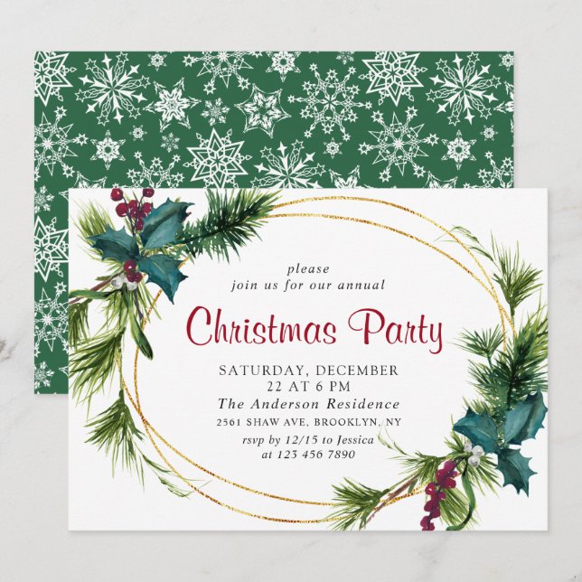 Elegant Pine Holly Berry Christmas Holiday Party Invitation (Front/Back)