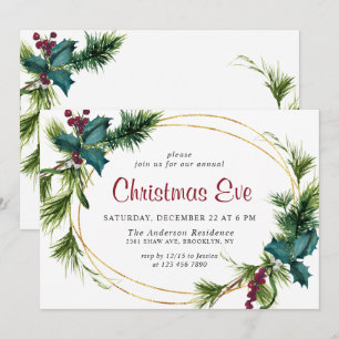 Elegant Pine Holly Berry Holiday Christmas Eve Invitation