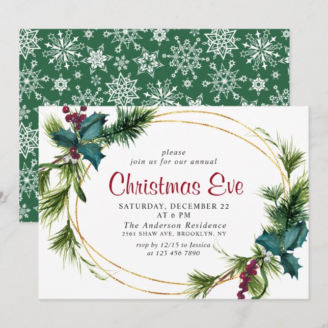 Elegant Pine Holly Berry Holiday Christmas Eve Invitation (Front/Back)