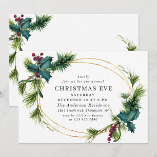 Elegant Pine Holly Berry Holiday CHRISTMAS EVE Invitation