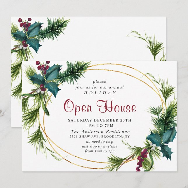 Elegant Pine Holly Christmas Holiday Open House Invitation (Front/Back)