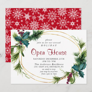 Elegant Pine Holly Christmas Holiday Open House Invitation