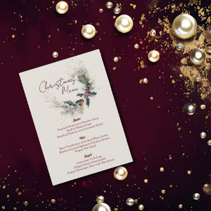 Elegant Pine Holly Wreath Gold Accents Christmas Menu