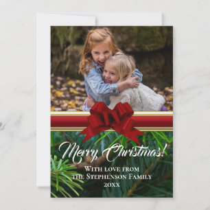Elegant Pine Red Bow Christmas Photo Holiday Card