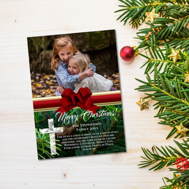 Elegant Pine Red Bow Religious Bible Verse Photo Holiday Card (christian elegant pine bow religious bible verse photo christmas card)