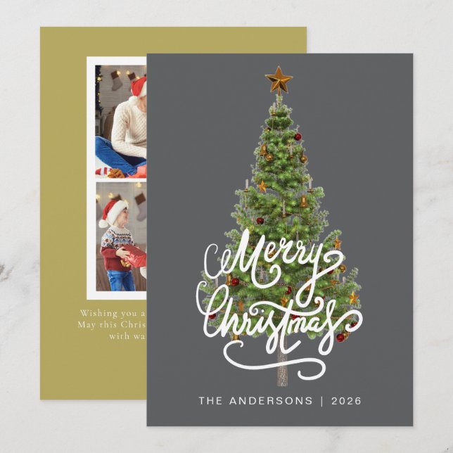 Elegant Pine Tree Christmas Family 2 Photo Holida Holiday Card (Front/Back)