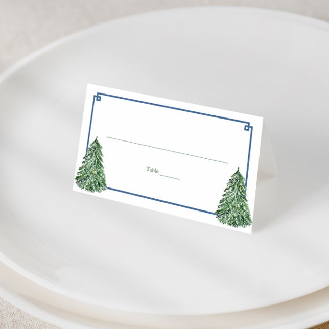 Elegant Pine Tree Greek Key Border Winter Luncheon Place Card (Elegant green and blue pine trees greek key border winter wedding place cards with tartan reverse)