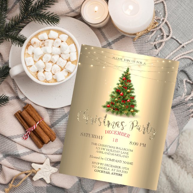 Elegant Pine Tree,String Lights Gold Christmas  Invitation (Creator Uploaded)
