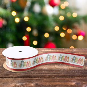 Elegant Pine Tree Watercolor Christmas Holiday Satin Ribbon