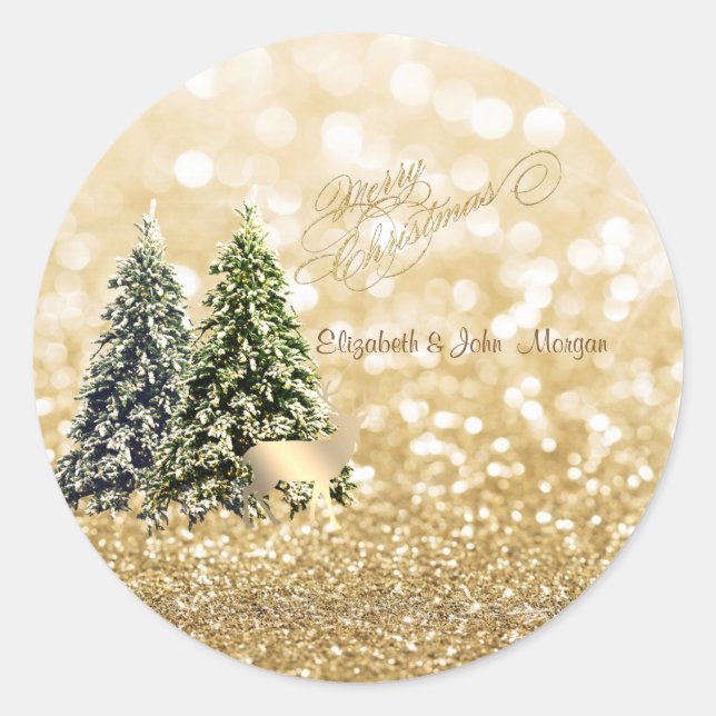 Elegant,Pine Trees ,Gold Deer,Glittery Bokeh Classic Round Sticker (Front)