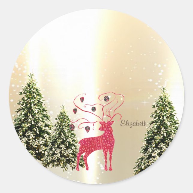 Elegant Pine Trees,Red Retro Reindeer Gold Classic Round Sticker (Front)