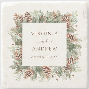 Elegant Pine Wedding Stone Coaster