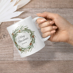 Elegant Pine Wreath and Greenery   Merry Christmas Coffee Mug