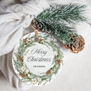 Elegant Pine Wreath and Greenery Merry Christmas Favour Tags