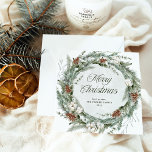 Elegant Pine Wreath and Greenery | Merry Christmas Holiday Card<br><div class="desc">This stunning holiday card features a Christmas wreath with elegant botanical greenery foliage, and pine cones with festive white flowers. Modern script calligraphy says "Merry Christmas, " and a subtle, sage green watercolor splash decorates the centre of the wreath. The back has a matching design with room to add a...</div>