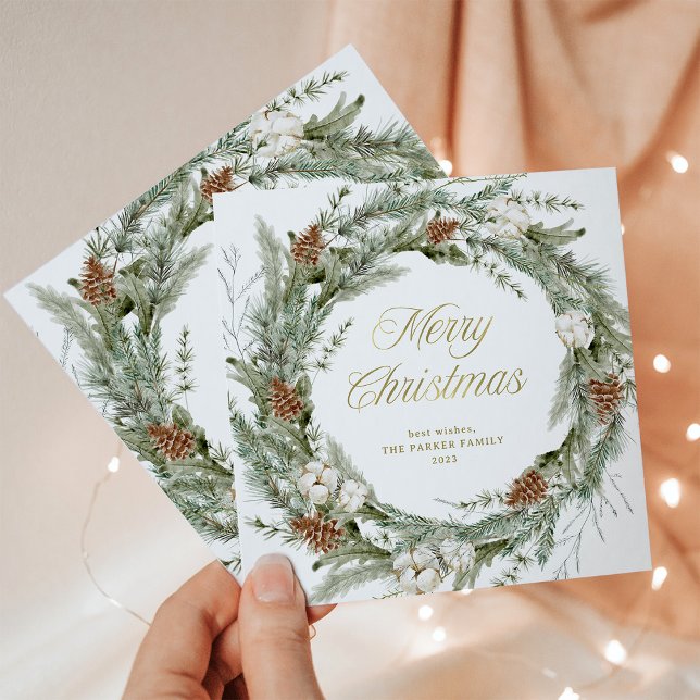 Elegant Pine Wreath and Greenery | Merry Christmas Holiday Card (A stunning holiday card with a Christmas pine wreath, and gold look modern script)