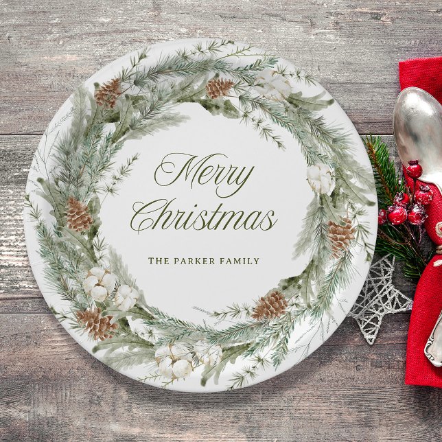 Elegant Pine Wreath and Greenery | Merry Christmas Paper Plate (A classic and elegant Christmas pine wreath decorates these paper plates)