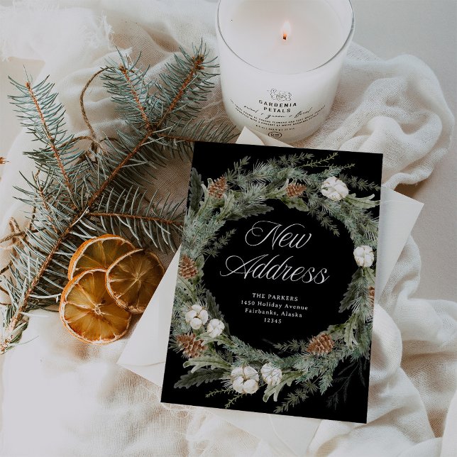 Elegant Pine Wreath Black | Christmas New Address Holiday Card (An elegant moving announcement for Christmas with a traditional green pine wreath)