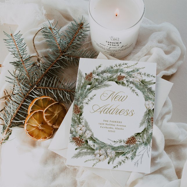 Elegant Pine Wreath | Christmas Gold New Address Holiday Card (An elegant moving announcement for Christmas with a traditional green pine wreath)