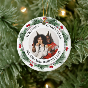 Elegant Pine Wreath First Christmas Married Photo Ceramic Tree Decoration