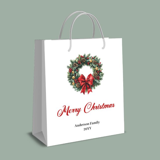 Elegant pine wreath gift bag red green gold tones (Elegant pine wreath gift bag red green gold tone)
