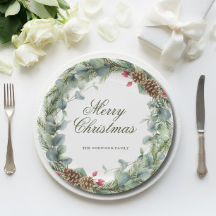 Elegant Pine Wreath Greenery Merry Christmas Paper Plate
