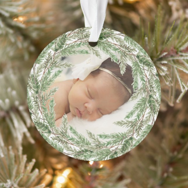 Elegant Pine Wreath Photo Babys First Christmas Ornament (Tree)