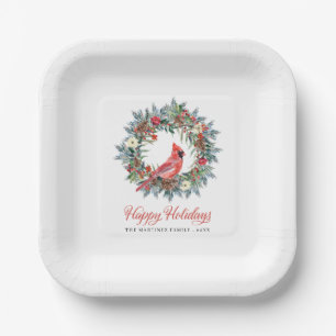 Elegant Pine Wreath Red Cardinal Christmas Party P Paper Plate