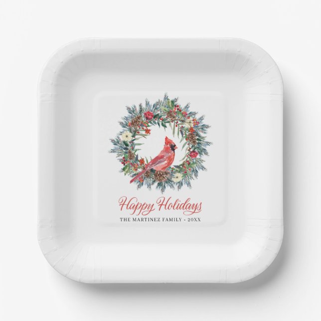 Elegant Pine Wreath Red Cardinal Christmas Party P Paper Plate (Front)