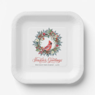 Elegant Pine Wreath Red Cardinal Christmas Party Paper Plate