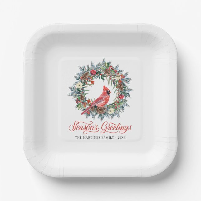 Elegant Pine Wreath Red Cardinal Christmas Party Paper Plate (Front)