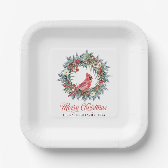 Elegant Pine Wreath Red Cardinal Christmas Party Paper Plate (Front)