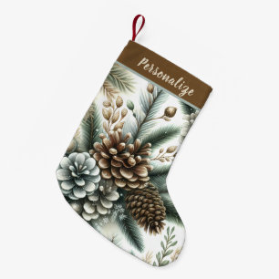 Elegant Pinecones Silver and Bronze Personalized Small Christmas Stocking