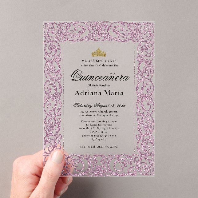 Elegant Pink 15th Birthday Quinceanera Acrylic Invitations (Insitu (Handheld))