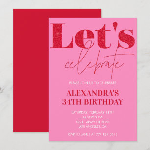 Elegant Pink 34th birthday invitation Glitter Glam
