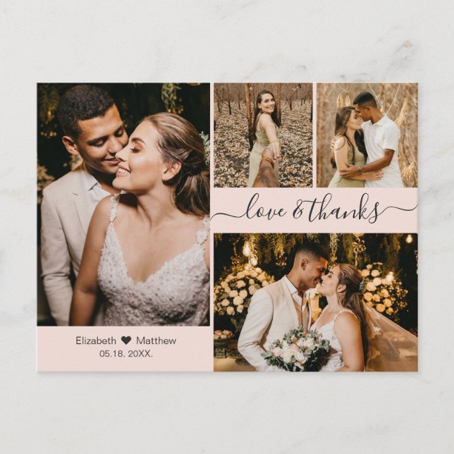 Elegant Pink 4 Photo Collage Wedding Thank You Postcard (Front)