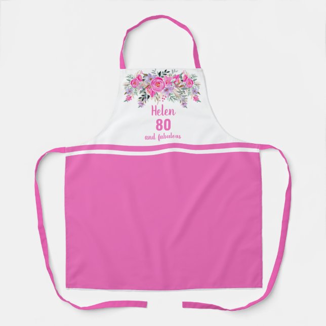 Elegant pink 80th birthday floral apron (Front)
