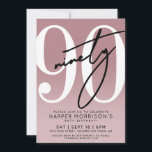 Elegant Pink 90th Birthday Party Invitation<br><div class="desc">Celebrate ninety years with this modern mauve pink 90th birthday party invitation. The background features a smooth mauve gradient that fades from dark at the top to light at the bottom. A large white "90" spans most of the card, giving the design a bold and clean focal point. Layered over...</div>